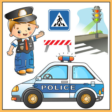 Cartoon images of police car with policeman and traffic light with road sign. Profession. Image of transport or vehicle for children. Colorful vector set of illustrations for kids.