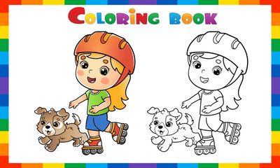 Coloring Page Outline Of cartoon girl on the roller skates with a dog. Coloring book for kids