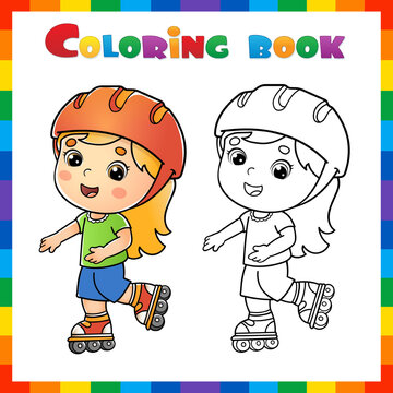 Coloring Page Outline Of cartoon girl on the roller skates. Summer activity. Coloring book for kids