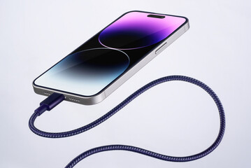a new smartphone is charging and flying in the air with a wire connected