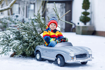 Funny little smiling kid boy driving toy car with Christmas tree.