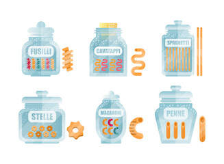 Glass Jar Filled with Dry Macaroni Product Vector Set