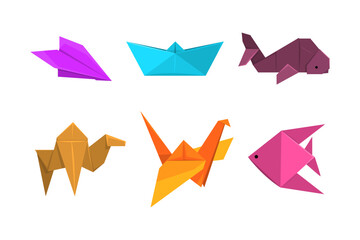 Fototapeta premium Origami or Paper Folding with Sculpture and Figures Made of Flat Square Sheet of Paper Vector Set