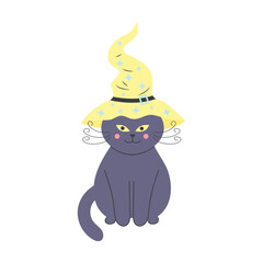 Cute cat in a Halloween hat. Cartoon domestic animal isolated on white background.