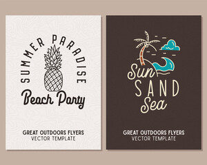 Camping flyer templates. Travel adventure posters set with line art and flat emblems and quotes - sun sand sea. Summer A4 cards for outdoor parties. Stock