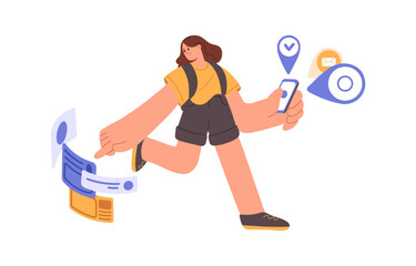 Reminders in mobile phone. Person using smartphone apps with notes, notices, notifications. Girl and online messages, sms, tasks, information. Flat vector illustration isolated on white background