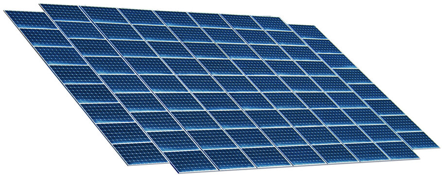 Large group of solar energy panel collectors isolated, renewable energy concept