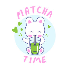 Kawaii vector bunny with matcha tea cup. Cute little rabbit and japanese green matcha tea. Inscription matcha time.