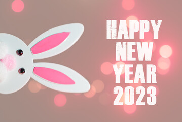 Toy Rabbit Bunny symbol of new year 2023 on the red glowing bubbles background.Inscription HAPPY NEW YEAR 2023.New Year concept.