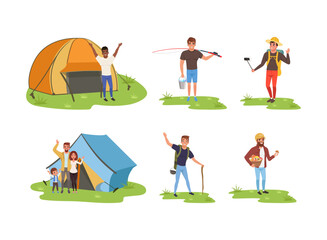 Young Man and Woman Enjoying Camping Activity Standing Near Tent, Fishing, Picking Mushroom, Taking Selfie and Hiking Vector Set