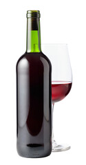Bottle and glass of red wine are isolated on white.