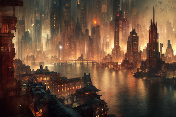 Concept art illustration of Gotham city at night