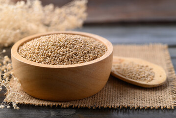 Brown quinoa seed in wooden bowl, Super food