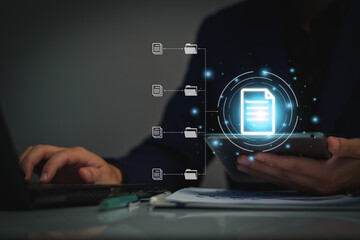 Document management system concept, business man holding folder and document icon software, searching and managing files online document database, for efficient archiving and company data.