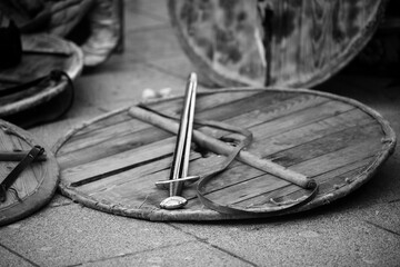 Wood shield and sword. Weapons of the Medieval Warrior. Reconstruction of medieval military equipment