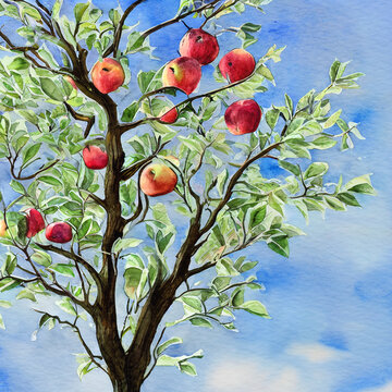 watercolor painting of an apple tree created with Generative AI technology