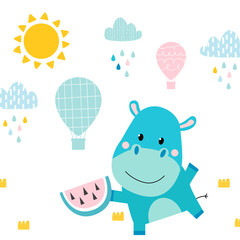 Vector. Hand-drawn illustration with a hippopotamus. A cute hippo is standing and holding a watermelon. Balloons and clouds in the background. Scandinavian style. Children's postcard, wallpaper.