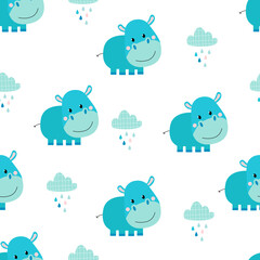 Vector hand drawn cute baby pattern. Hippo, clouds and raindrops in doodle style. Print for clothes, textiles, wallpapers.	