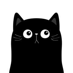 Cat face head icon. Cute cartoon character. Kawaii animal. Love Greeting card. Black silhouette sticker print. Sad pet. Flat design style. White background. Isolated.