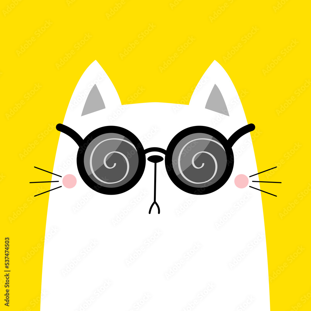 Poster cat wearing round sunglasses eyeglasses. hypnotic spiral pattern. magic lenses. cute cartoon kawaii 