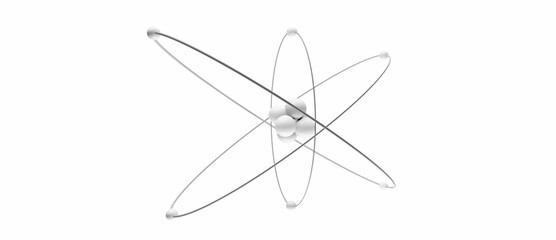 3D illustration model of an atom with nucleus, electrons, protons and neutrons orbiting in a circular path, science research isolated on white background
