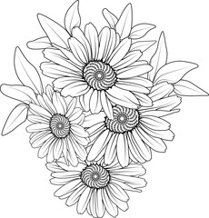 Bouquet of daisy flower vector illustration hand drawn pencil sketch, coloring page and book isolate on white background clip art.
