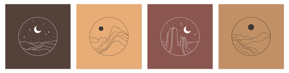 Vector icon set. Contemporary landscapes with sun, moon and mountains. Bohemian art.