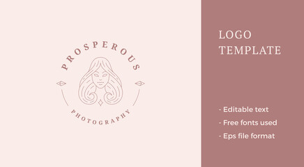 Female portrait logo emblem design template vector illustration in minimal line art style