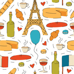 Vector Seamless texture with views of Paris. Symbols of Paris isolated on white background. Hand-drawn objects for a postcard. Flat style pattern on the theme of France