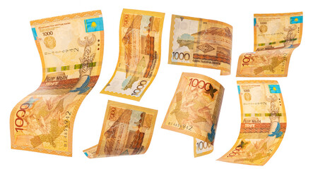 1000 banknote. Kazakhstan money - tenge. Close up of flying tenge on grey background.