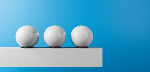 Equality or stability concept with three balls or globes in realistic blue studio interior, finding balance, 3D illustration with copy space for text