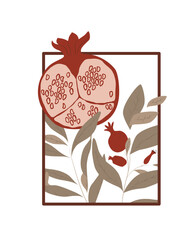 Vector vertical banner with pomegranate fruits on white background. Design for cosmetics, spa, pomegranate juice, health care products, perfume. Can be used as vegetarian menu or summer background