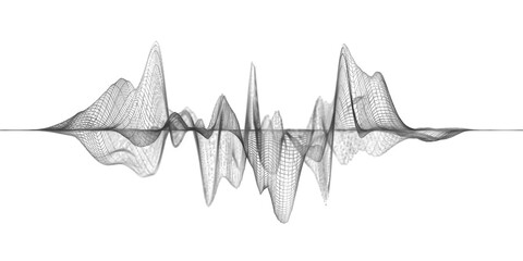 Fototapeta premium Illustration of black abstract wireframe sound waves, visualization of frequency signals audio wavelengths, conceptual futuristic technology waveform isolated on white background