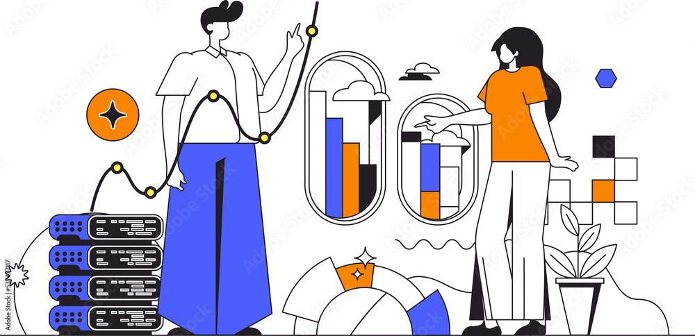 Poster Big data web concept in flat outline design with characters. Man and woman analyzes statistics and researches graphs, working with databases. Planning and strategy people scene. Illustration.