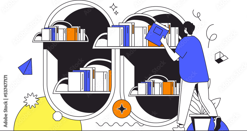 Leinwandbilder Cloud library web concept in flat outline design with character. Man reading e-books and storage on laptop using cloud technology. Online education and e-learning, people scene. Illustration.