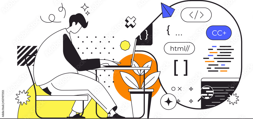 Aufkleber DevOps web concept in flat outline design with characters. Man is programming and coding applications or software code. Development operation practice in IT company, people scene. Illustration.