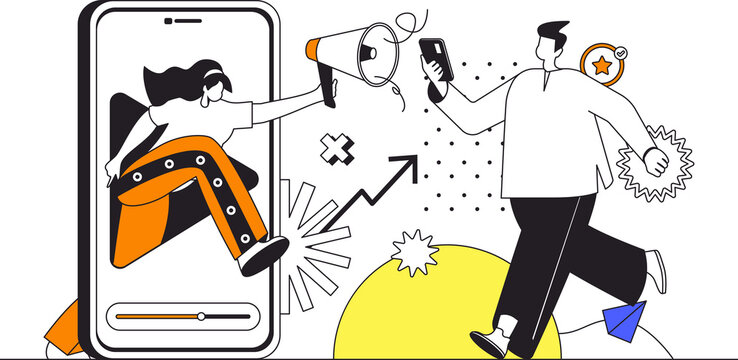 Mobile marketing web concept in flat outline design with characters. Woman with megaphone making advertising campaign in applications and attract new customers, people scene. Illustration.