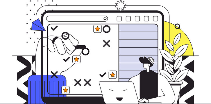 recommend clip art: Planning web concept in flat outline design with character. Man organizes workflow and making daily to do lists, marks dates or tasks on calendar, time management people scene. Illustration.