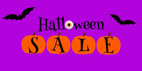 Halloween sale banner. Flat vector illustration with pumpkins, eye, bats. Awesome design for festive promo, ad, special offer