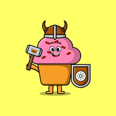 Cute cartoon character Cupcake viking pirate with hat and holding hammer and shield