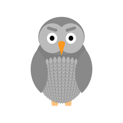 Grey owl isolated on white background. Simple flat bird with big eyes clip art. Cute vector illustration