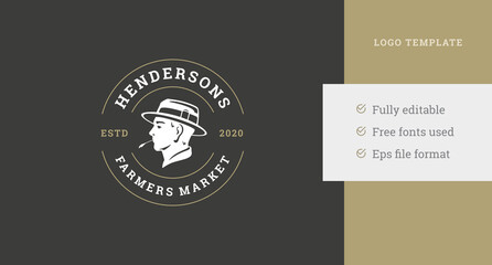 Dark brutal male farmer profile circle logo design template farm market industrial business vector