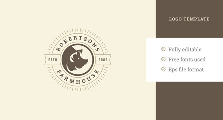 Vintage circle livestock pig head organic pork meat farm market logo template design vector