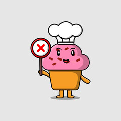cute cartoon Cupcake chef holding wrong sign board in vector character illustration