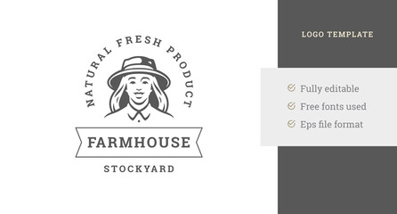 Fototapeta premium Minimalist woman farmer silhouette in hat farm market line art logo template design vector