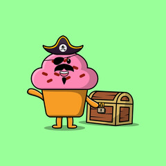 Cute cartoon character Cupcake pirate with treasure box illustration in modern style design