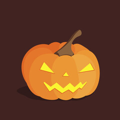 Autumn Halloween pumpkin in orange with a tail and light-up cut-out triangular eyes, nose and mouth in yellow. Isolated vector picture on a brown background.