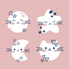 Draw Cute cats faces greeting card kawaii design Doodle cartoon style.