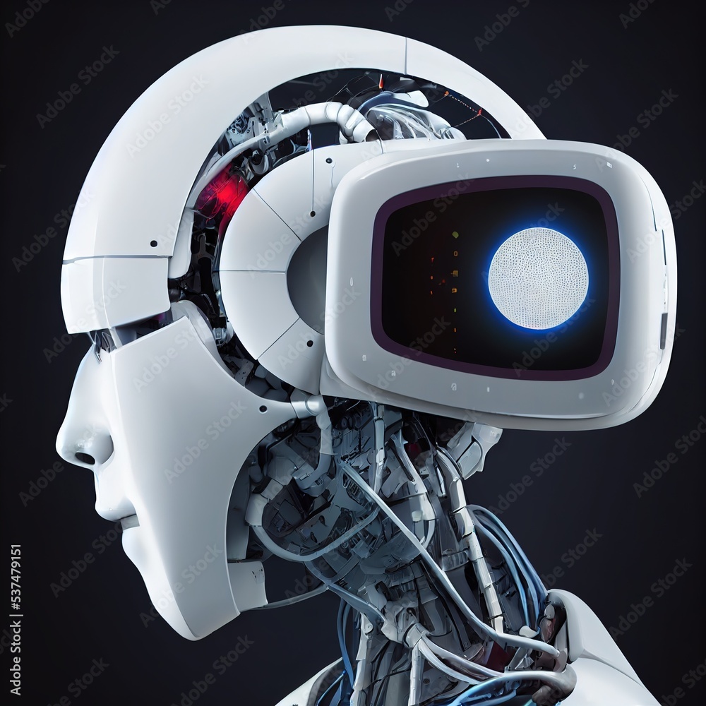 Aufkleber Robot cybernetic. Face cyborg opened for installation cybernetic artificial intelligence processor. 3d illustration