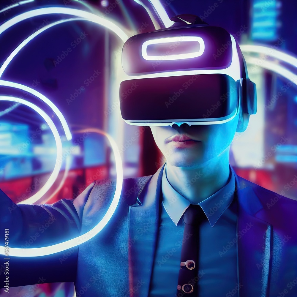 Poster A man in a futuristic VR AR 3d headset in a virtual reality simulation in the metaverse in a cyberpunk-style suit. 3d illustration